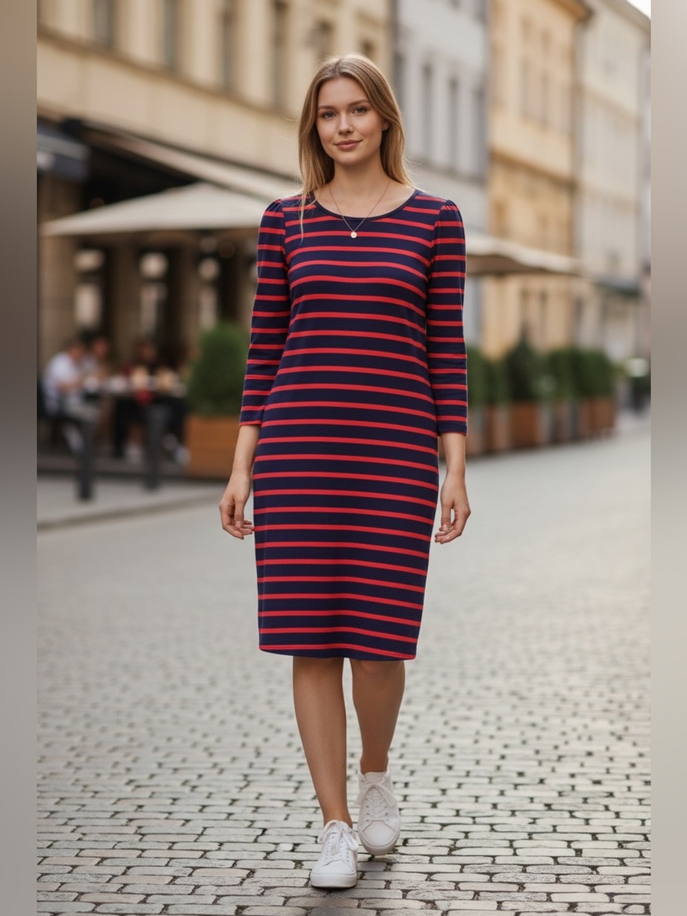 Old Navy Navy and Pink Striped Midi Dress